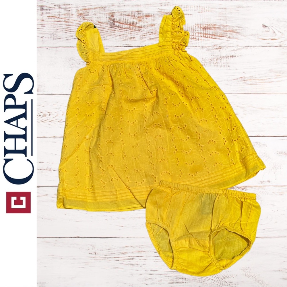 Chaps Baby Infant Girls Yellow Eyelet Dress Lace Sleeveless / Size 12 months